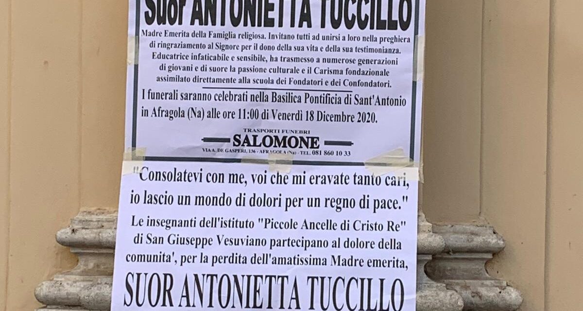 Afragola. Stamattina i funerali di suor Antonietta Tuccillo, celebrazione con il cardinale Sepe