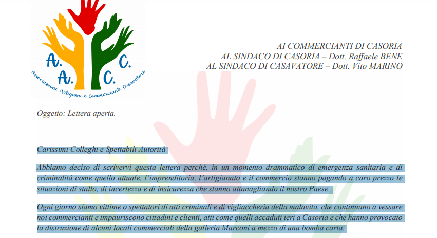 Associazione artigiani e commercianti di Casavatore: “Fare fronte comune contro tutti gli atti di criminalità”