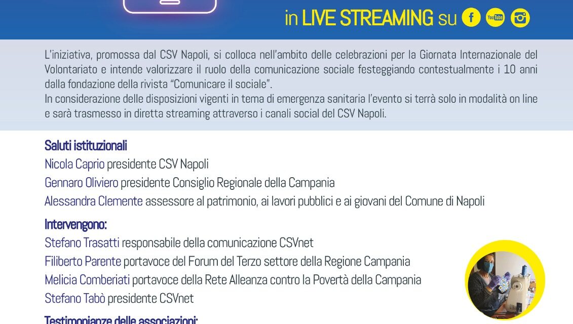 “Il volontariato ai tempi della pandemia: come e perché raccontarlo”. Ecco il convegno del CSV Napoli per la Giornata del Volontariato e i 10 anni di Comunicare il Sociale